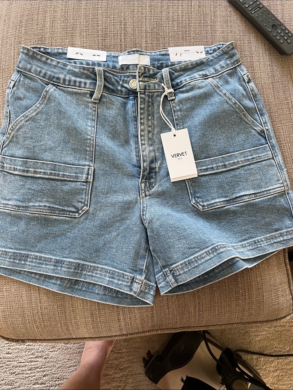 Denim Short with cargo type pocket and stretch.